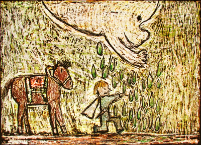(七) 風と雨よく朝、シドは めを出すのを まちつづけた。するととつぜん、風がふき、運の神ウインドがきらきらと光る みどり色の雨を ふらせながら、ゆっくりと よこぎっていた。その雨は、まい年 王国に ふりそそぐもので、べたべたしていて、人々にきらわれていた。 しかし、この雨の しょう体こそ 魔法のクローバーの タネだった。タネは みわくの森じゅうに ふりそそいだ。そして、タネが しっかりとねづいたのは、シドが 土をしき、水をひき、日光をあて、小石をとりのぞいた、ほんの小さなところだけだった。ほかのところに しみこんだ タネたちは、すぐに かれてしまった。タネは、またたくまに めを出すと、かぞえきれないほどの 魔法のクローバーになった。