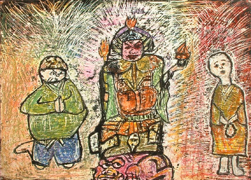 (三) 「毘沙門さまは よろい・かぶとで  身をかためた 軍神のおすがたを されています。それはいろいろな わるい心に おもいきって たちむか われるためです。あなたが心から 毘沙門さまを信じて、こまっている人 のために 一生けんめいはたらくなら、 わたしが毘沙門さまからいただいた  空鉢護法というお力で ねがいを ききとどけてあげましょう。」 と、説かれました。 「はい、わかりました。」