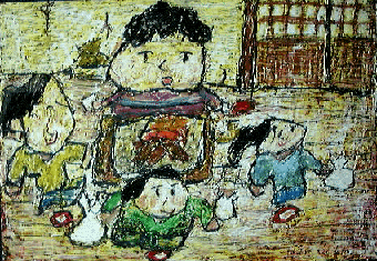 (二)おばあさんは「こんな粗末なところでよければ、 一晩とまってゆくがええ」といいながら、気持ち良く三人を 迎えいれてくれました。何もないが、今晩はどれ、餅でもやいてやろうかね。あしたの朝は、うまいものを たんとつくってやるだ」といろりの火で、もちをひとつずつ やいてくれました。 三人の若者は、とてもおなかがすいたので、もっと食べたかったのですが、我慢してねむりました。