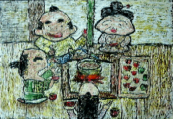 (五)夕べのことを見ていた若者は、食べたようにみせかけて、 食べませんでしたが、ほかの二人は「うまい、うまい。」と いって、五杯も食べてしまいました。 そうしたら、おなかが急に大きくなって、すぐには旅に出れなく なってしまいました。 「くった、くった。ちょっと寝よう、寝よう」といって、 二人はすぐにまた寝てしまいました。